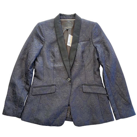 Banana Republic Women's Navy Black Textured Jacquard Tuxedo Collar Blazer Size 8